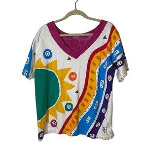 Vintage Womens Art To Wear Top Size Large L Hand Painted Signed By JB V-Neck